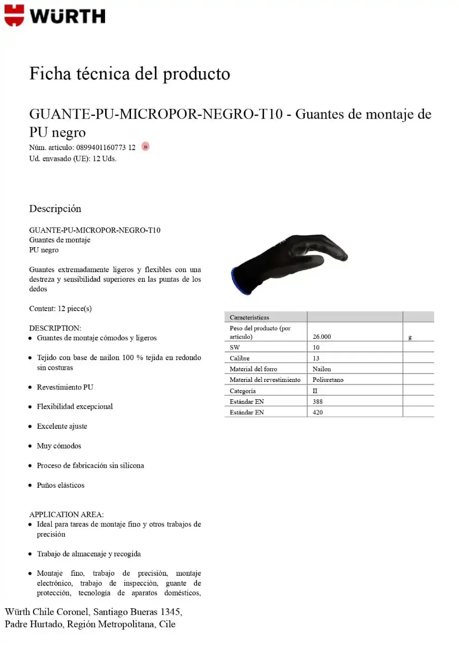 Guantes  TALLA 10 Wurth Red Line Protección Negro Pu  2
