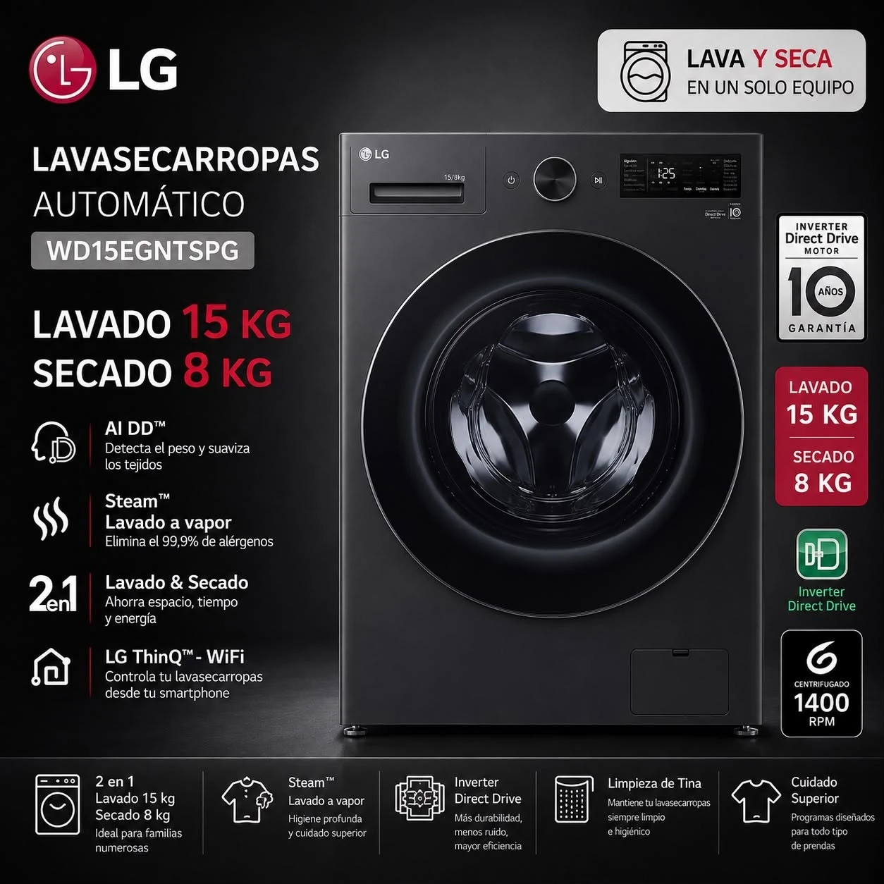 LAVASECARROPA LG 15KG INVERTER SILVER WD15EGNTSPG