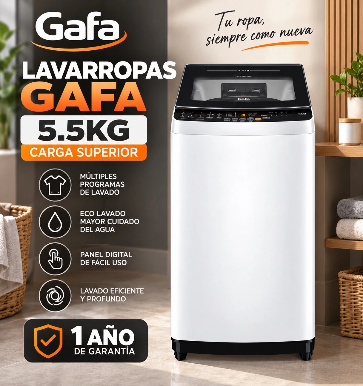 LAVARROPAS CARGA SUPERIOR GAFA LGS055W 5,5kg DISPENSER EASY&CLEAN BLANCO‼️SOLO POR PEDIDOS ‼️