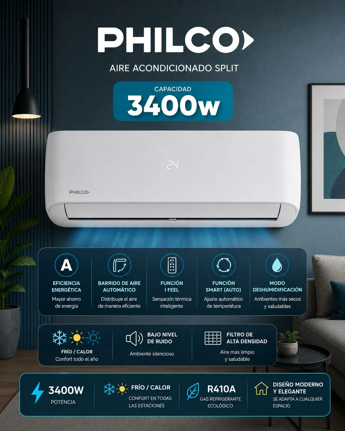 AIRE ACONDICIONADO PHILCO 3400W ON/OFF FRIO/CALOR 
