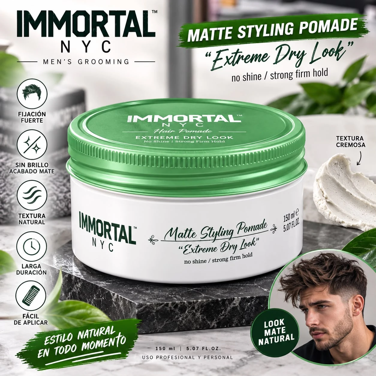 immortal cera cabello matte styling pomade extreme dry look envase blanco tapa verde.jfif