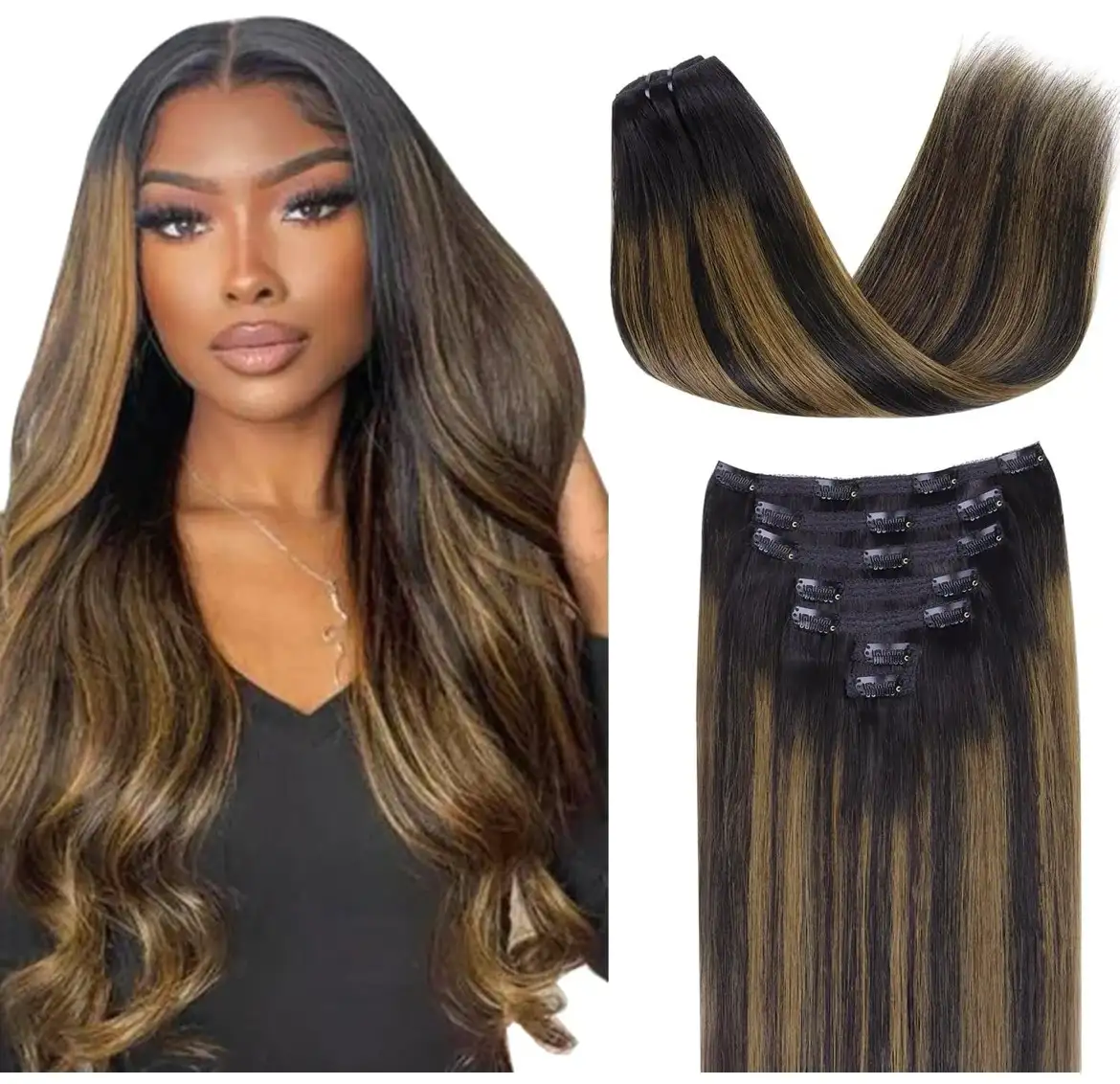  -Extensiones de cabello humano real con pinzas, sin costuras, 4.23 onzas (120 g), 7 unidades, 16 pulgadas, cabello lacio, color negro natural mezclado con castaño nogal
