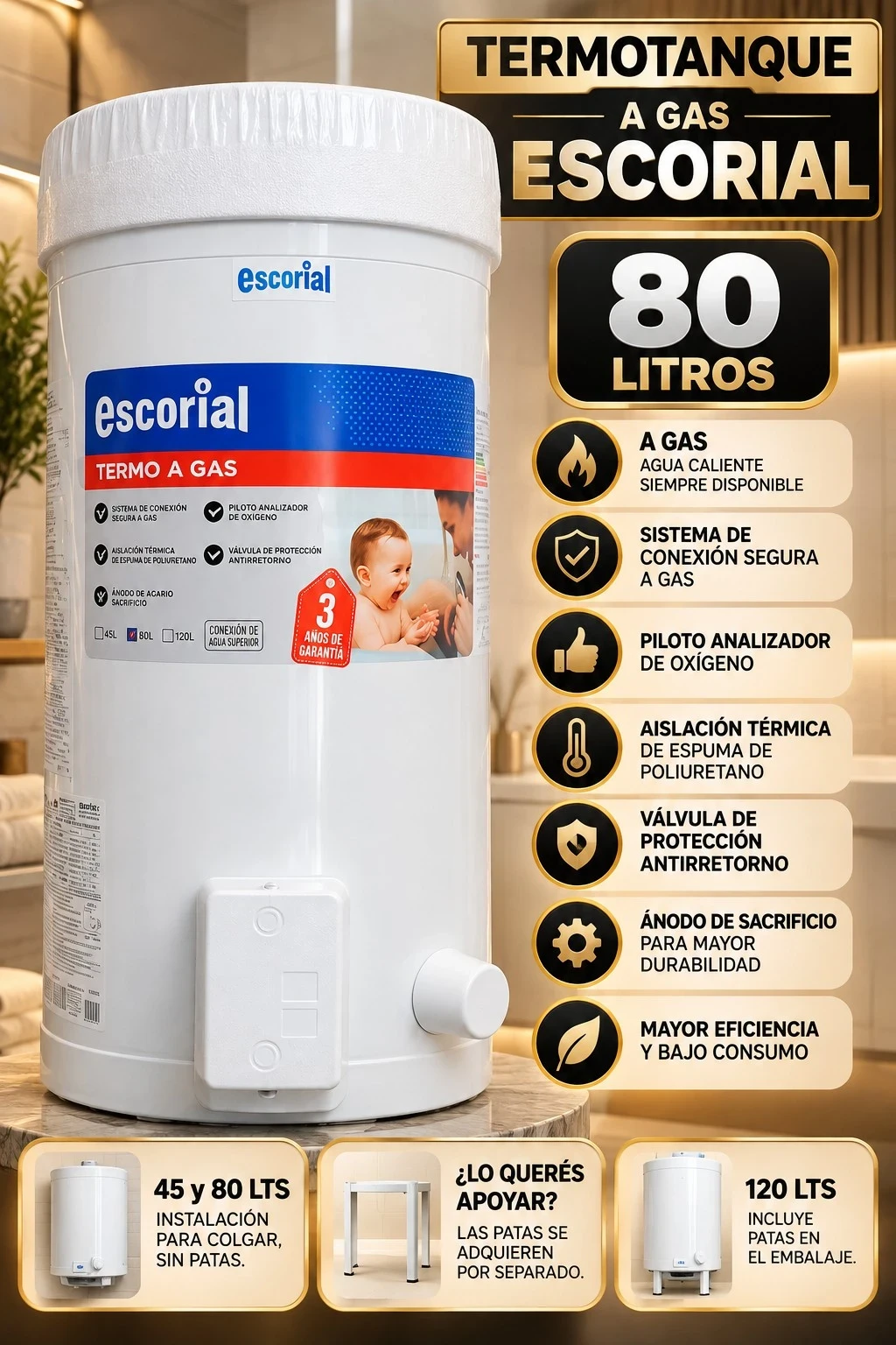 TERMOTANQUE ESCORIAL A GAS 80L CONSULTAR DIPONIBILIDAD CON EL VENDEDOR 