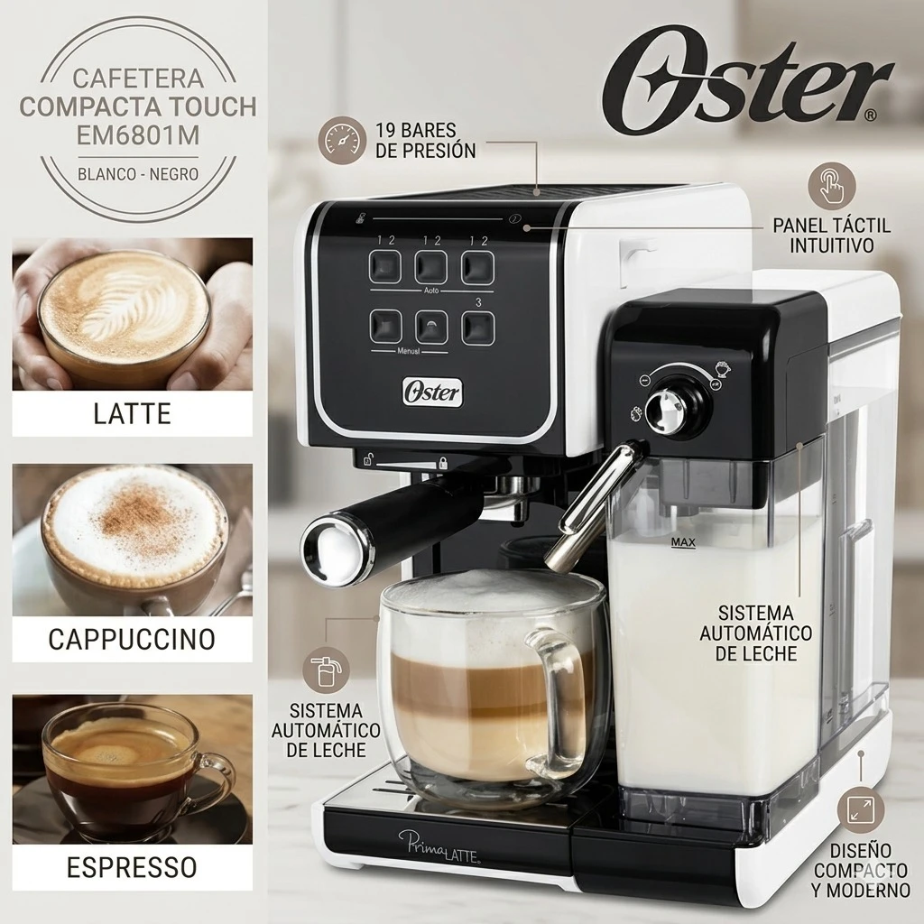 CAFETERA OSTER COMPACTA TOUCH 19 BARES EM6801M BLANCO - NEGRO