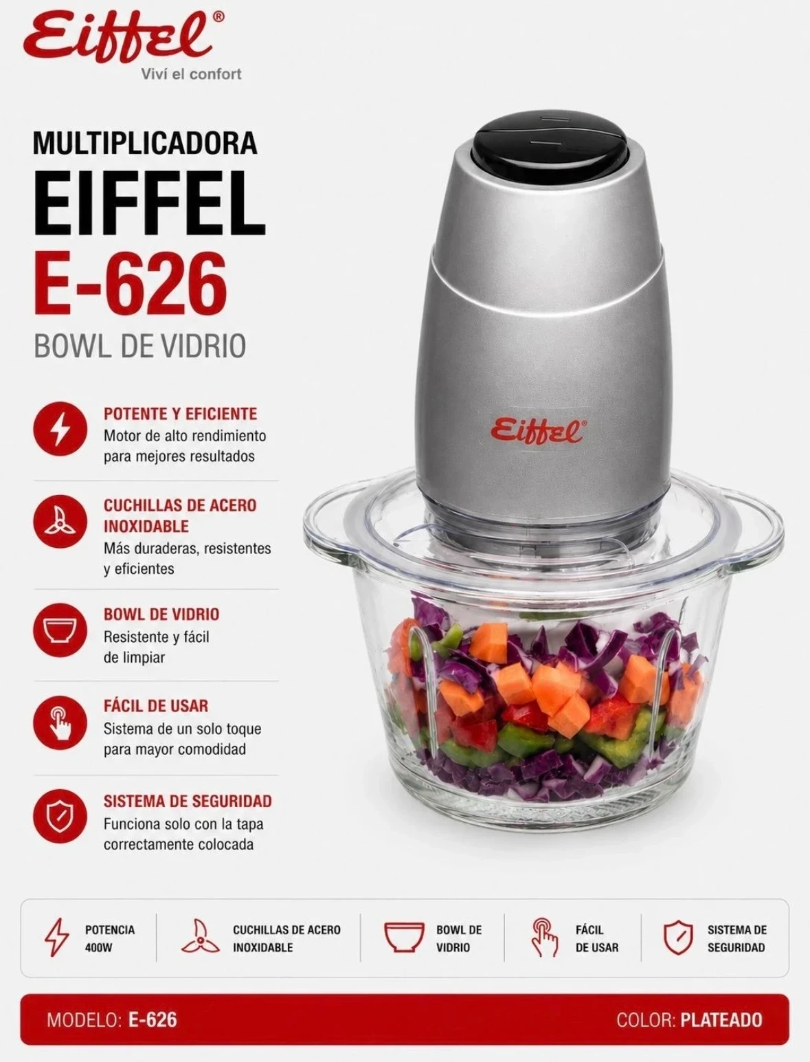 MULTIPICADORA EIFFEL E-626 400W BOWL VIDRIO*