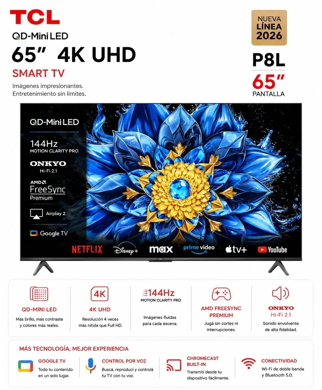 Televisor TCL 65" QD-Mini LED 65P8L 4K UHD Google TV*