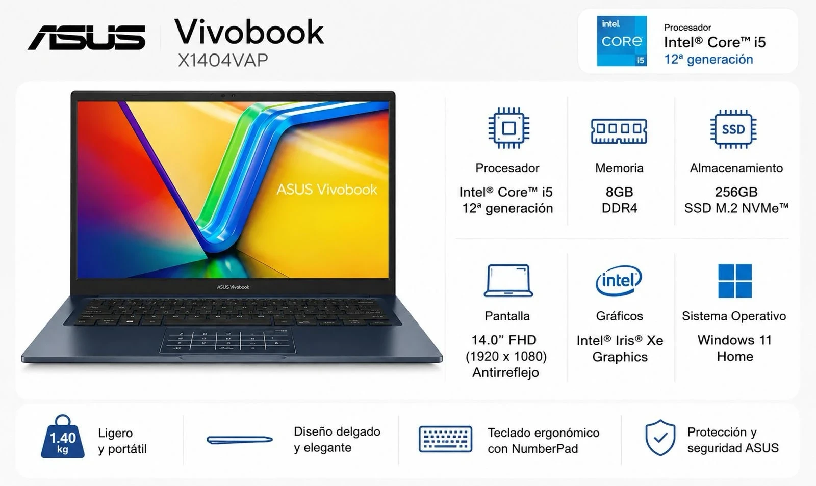 Notebook Asus vivobook x1404vap Intel i5 12a generación 256ssd 8gb ram