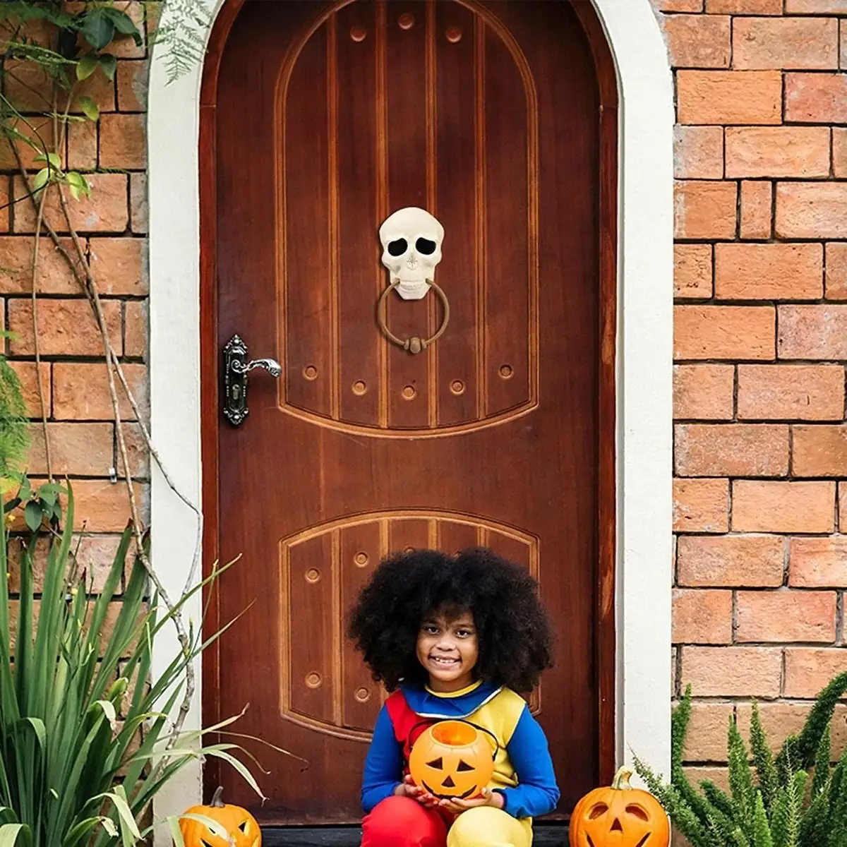 Adorno Halloween Día de muertos Timbre puerta calavera con LED y sonido  3
