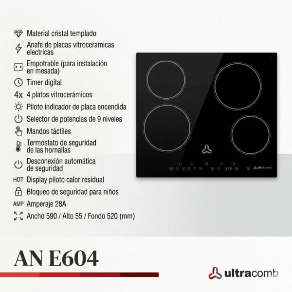 ANAFE ELÉCTRICO ULTRACOMB AN-E604 VITROCERAMICO EMPOTRABLE NEGRO