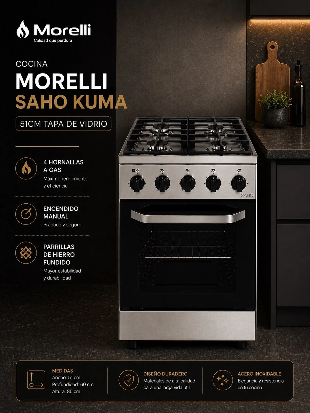 COCINA MORELLI SAHO KUMA 510 C/VISOR ACERO INOX‼️SOLO POR PEDIDOS ‼️