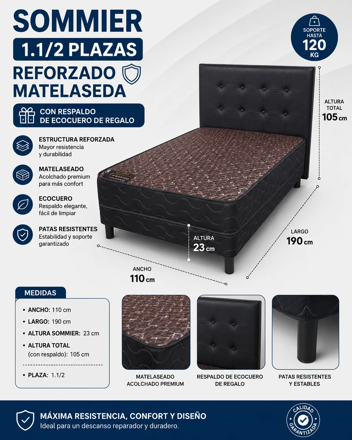 SOMMIER DE 1 PLAZA Y MEDIA + RESPALDO DE ECOCUERO