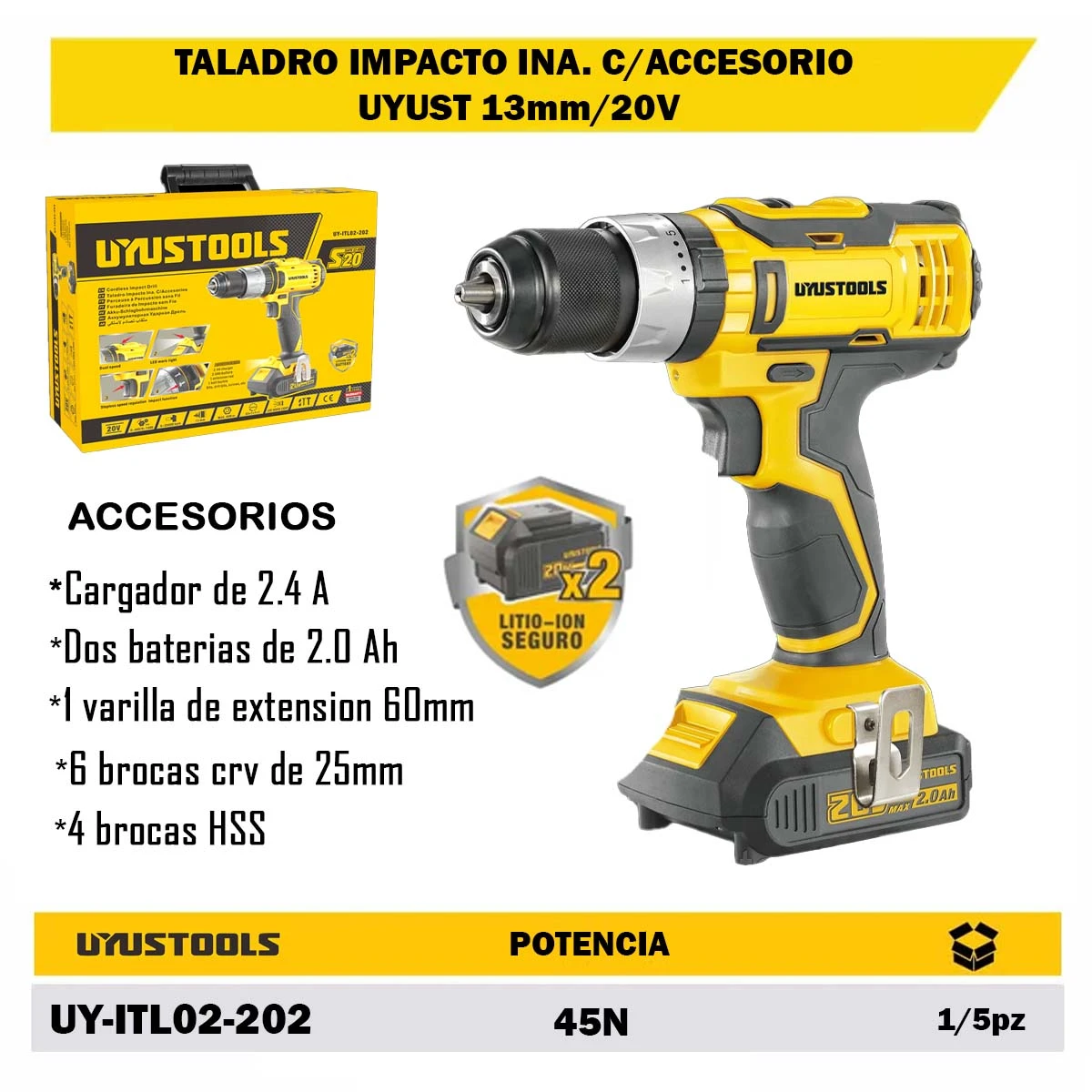 TALADRO IMPACTO INA. C/ACCESORIO UYUST 13mm/20V