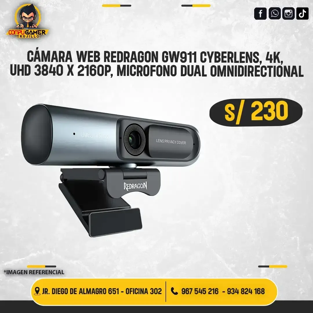CÁMARA WEB REDRAGON GW911 CYBERLENS, 4K, UHD 3840x2160p, MICRÓFONO INCORPORADO