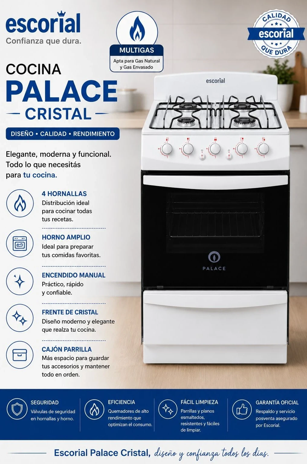 Cocina Escorial Palace Cristal MULTIGAS 4 hornallas blanca 220V puerta con visor 50L