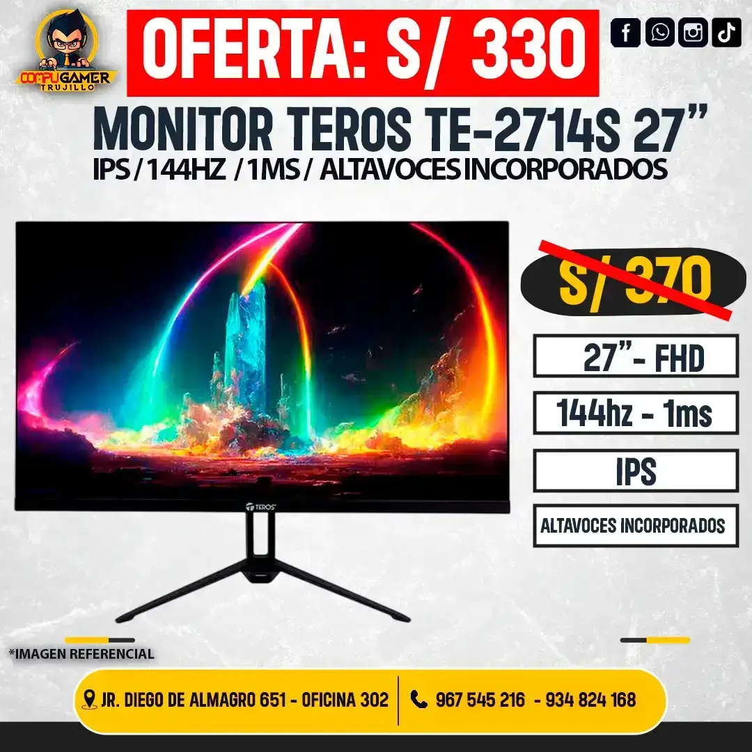 MONITOR TEROS TE-2714S 27", FHD, IPS, 144HZ, 1MS, PLANO 