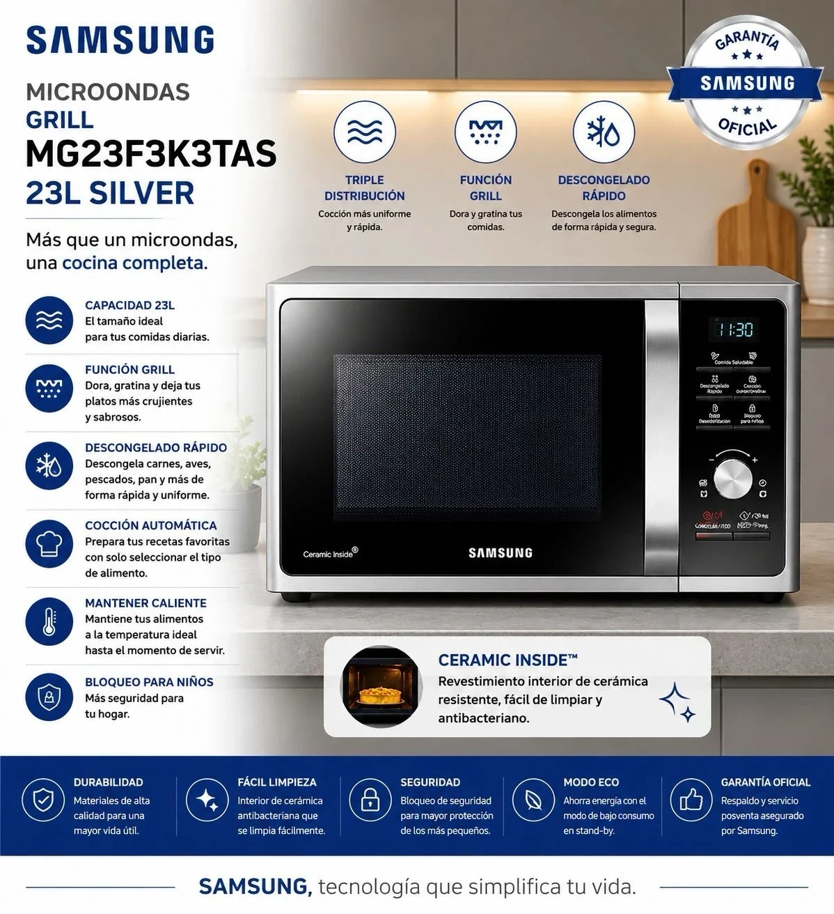 Microondas Samsung MG23FEK3TAS 23 LTS SILVER