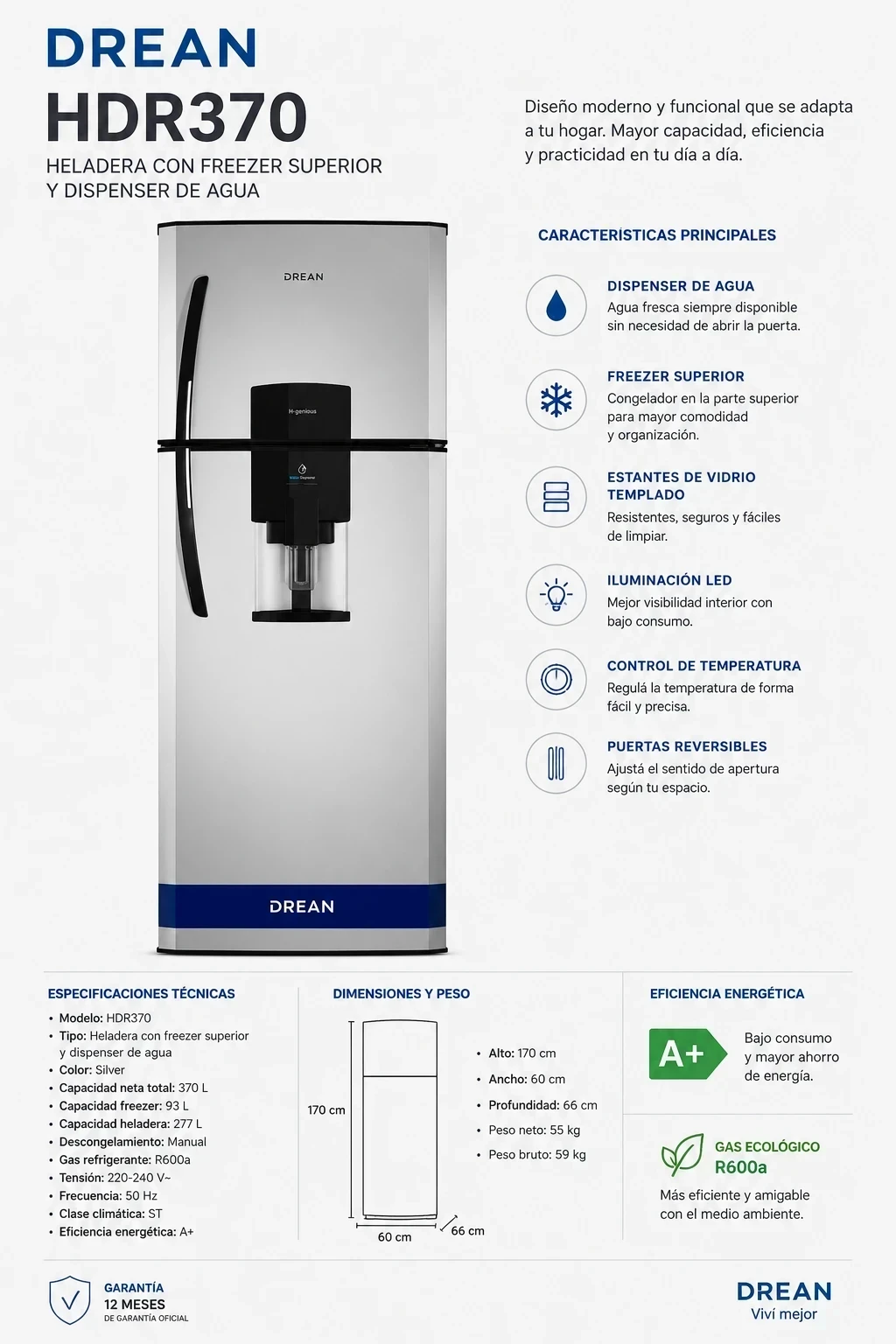 HELADERA DREAN 364L HDR370 SILVER C/DISP