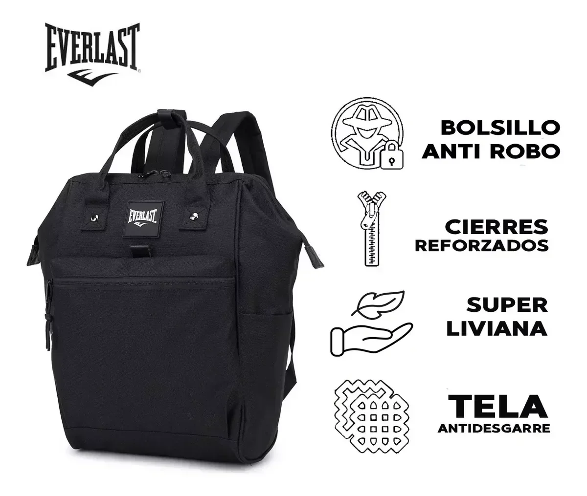 Mochila Everlast Reforzada Universitaria Cartera Anti Robo Color Negro