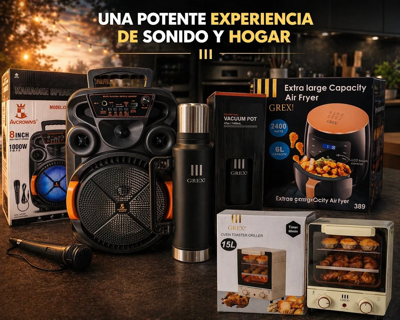 Combo grex (Horno electrico + parlante + termo + Freidora)