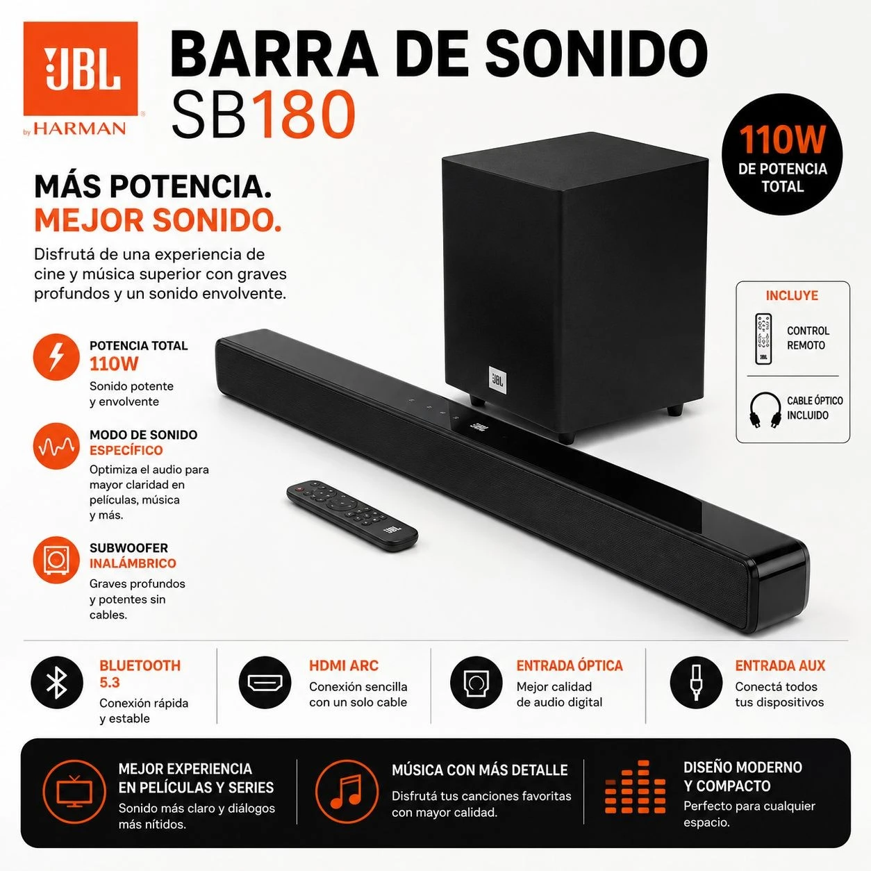 JBL, barra de sonido, Bluetooth, 2.1 canales, subwoofer inalámbrico de 6,5"