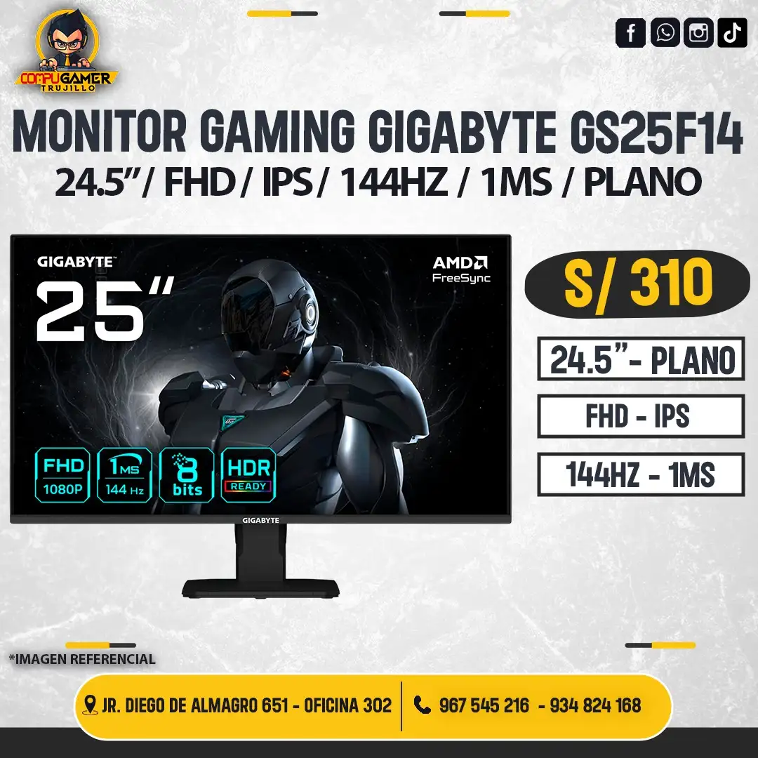 MONITOR GAMING GIGABYTE GS25F14, 24.5", FHD, IPS, 144HZ, 1MS, PLANO