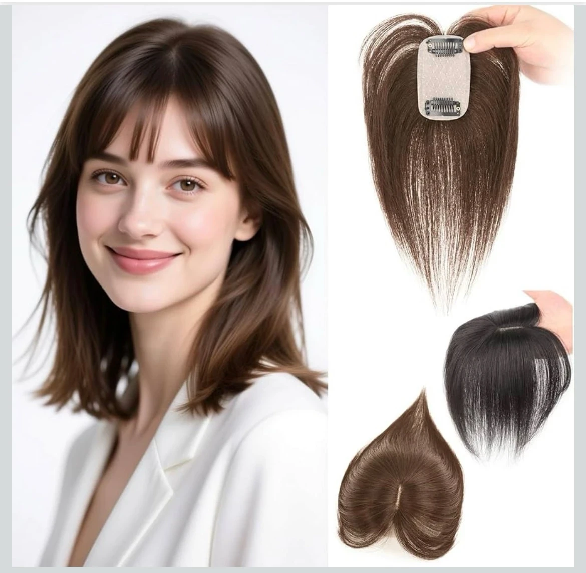 Cubrecabello humano invisible de 10 pulgadas con flequillo francés para mujer, base de seda de 1.5 x 3.1 pulgadas, cuero cabelludo