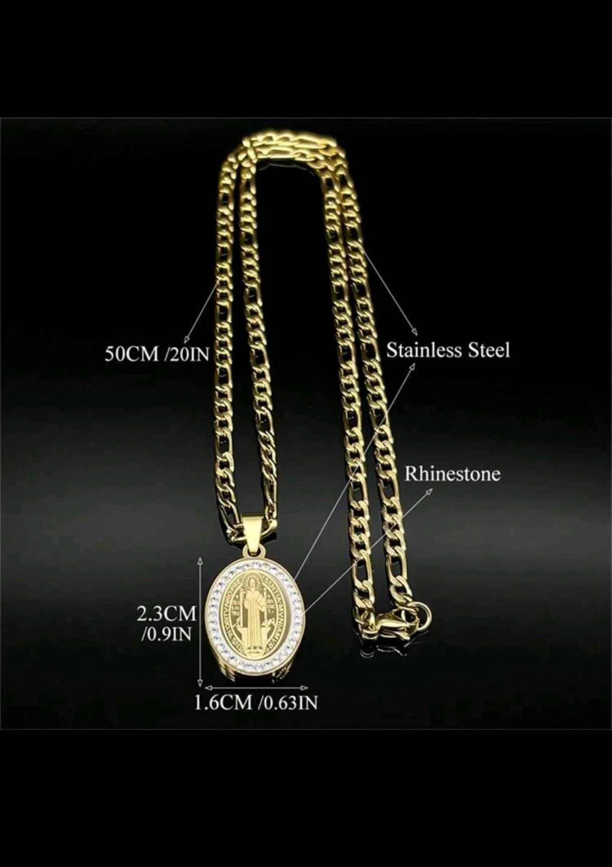Cadena Figaro con Medalla de San Benito con Cristales - Acero Inoxidable 6