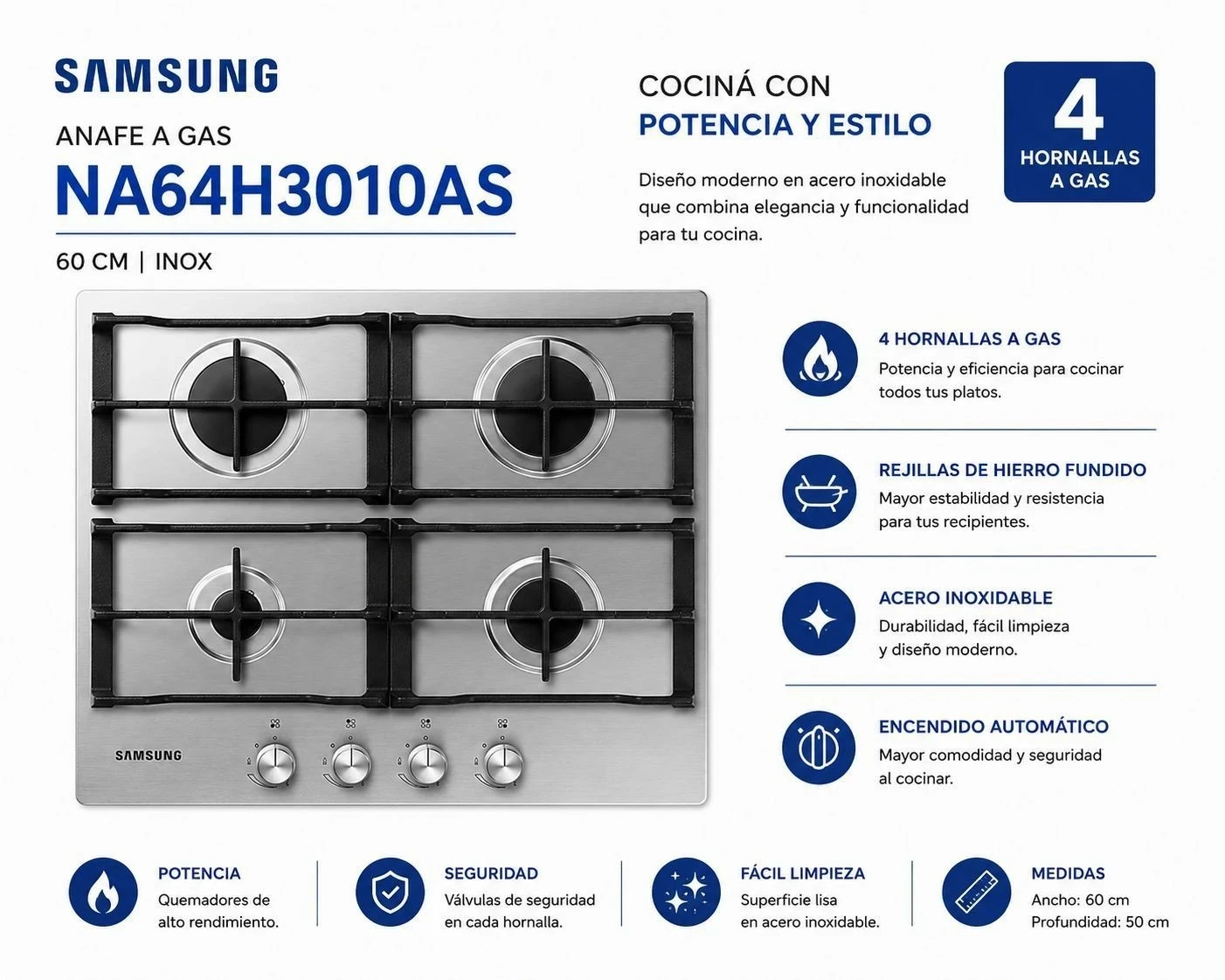 ANAFE SAMSUNG A GAS  NA64H3010AS 60cm  INOX 