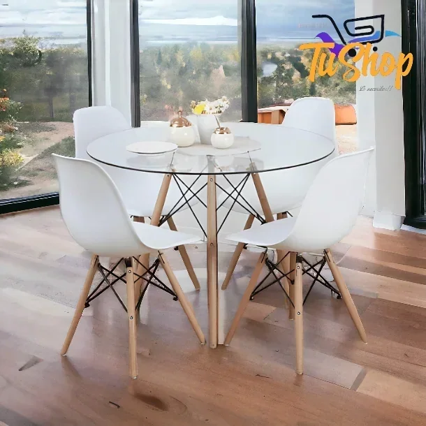 Comedor Eames Vidrio Set Blanco  3