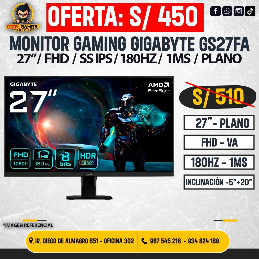 MONITOR GAMING GIGABYTE GS27FA, 27", FHD, SS IPS, 180HZ, 1MS, PLANO 