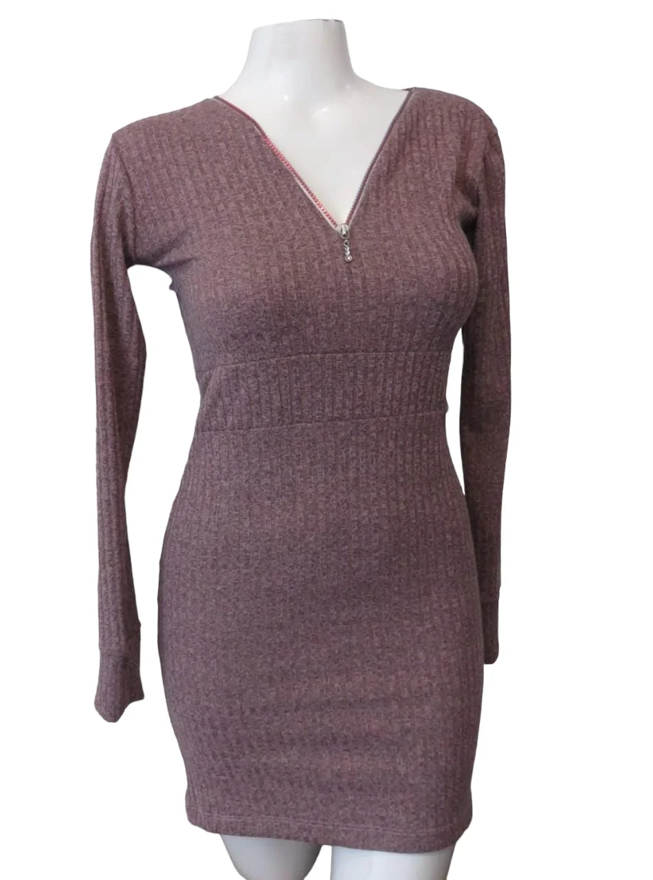 Vestido jaspeado manga larga rosa 