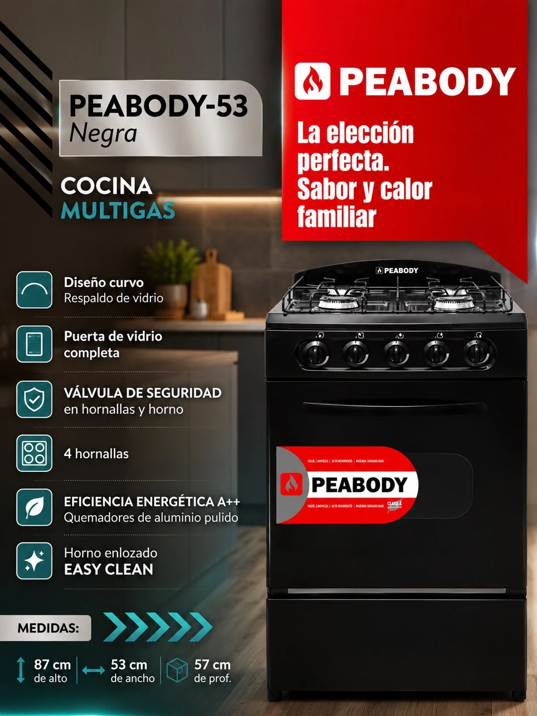 COCINA PEABODY MULTIGAS NEGRA 53CM T/VIDRIO