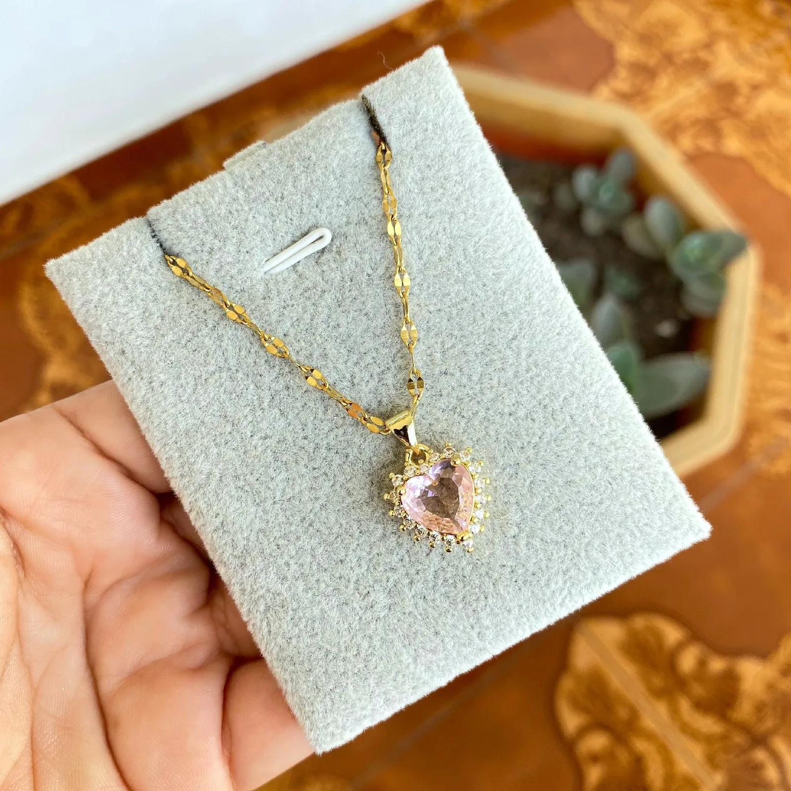 Cadena Y Dije En Acero Con Piedra Circon De Corazon Rosa 3