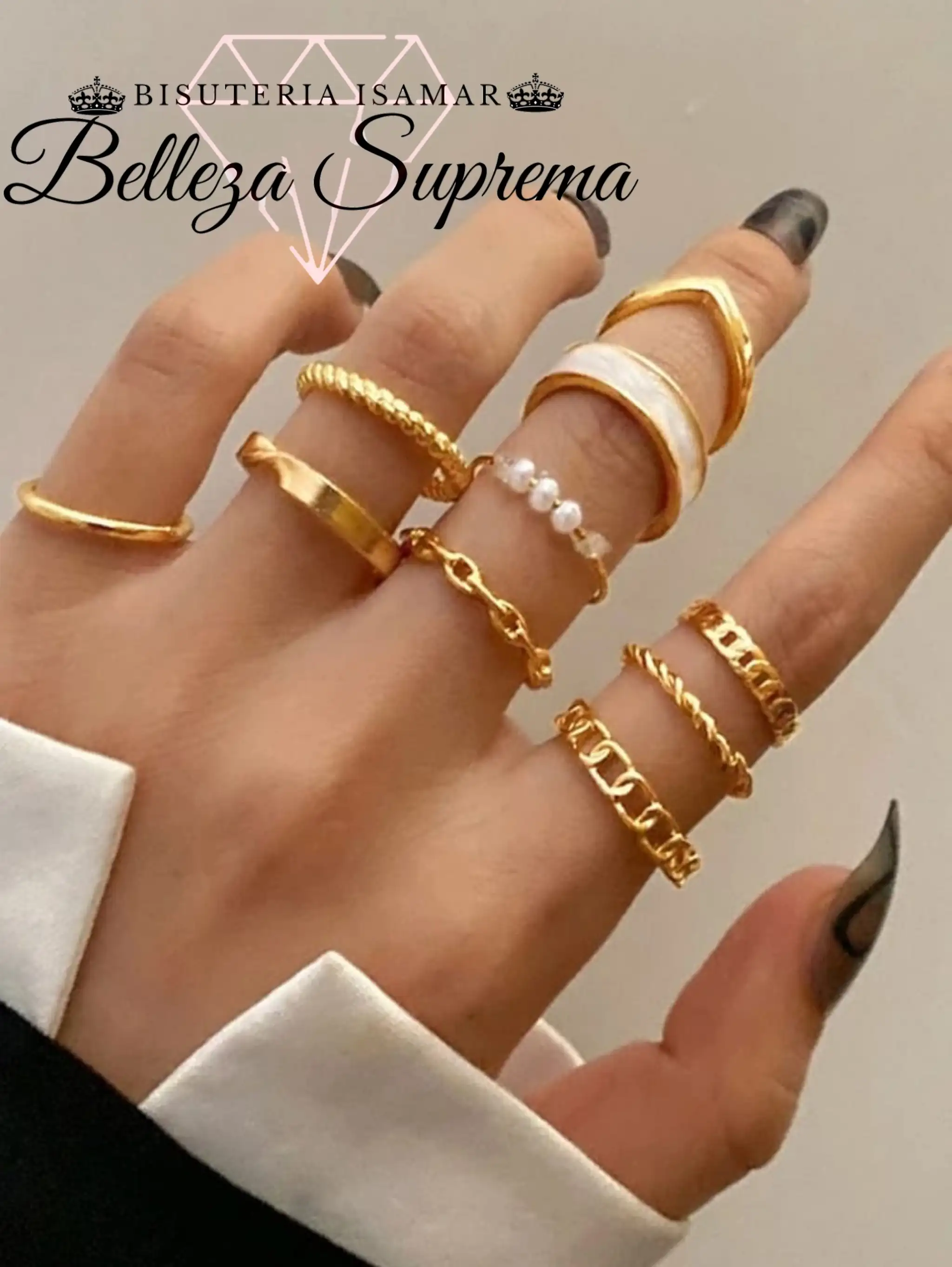SET DE ANILLOS DORADOS CADENA CUERDA PERLAS 10