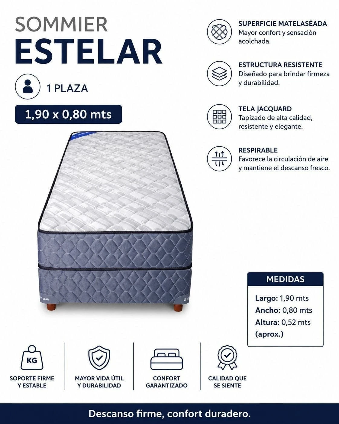 CONJUNTO ESTELAR SOMMIER + COLCHÓN ALYA 190 X 80 + 1 ALMOHADA DE REGALO