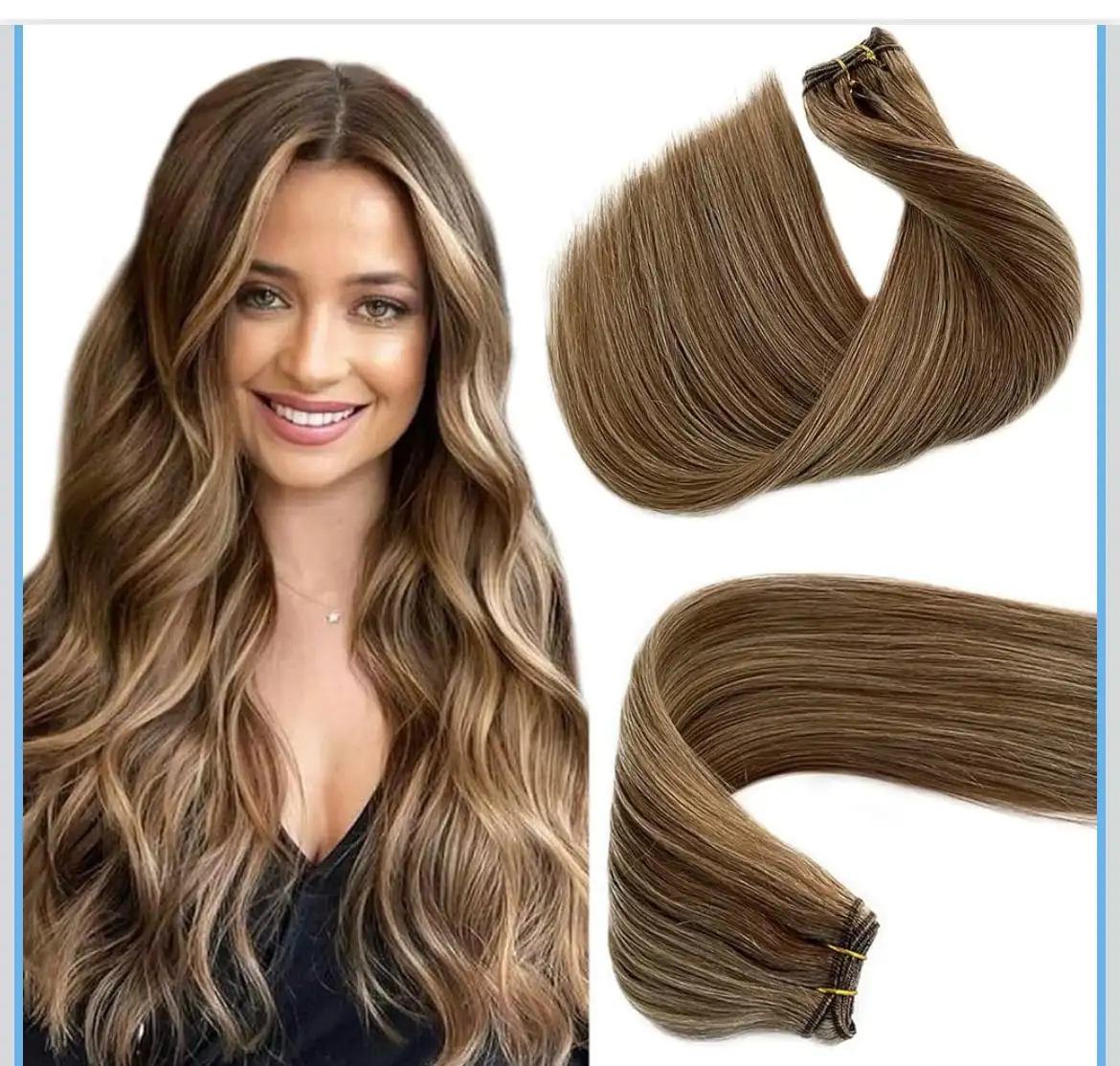 Extensiones de cabello humano con trama atada a mano, para extensiones cosidas,(60 g), con cuentas, 16 pulgadas , rubio beige con mechas rubio claro, trenzas de cabello humano