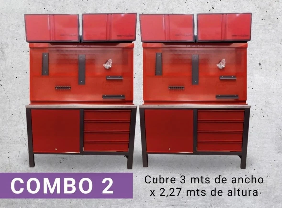2 bancos de trabajo 1,50 mts + 2 tableros 1,40 mts + 4 alacenas chicas