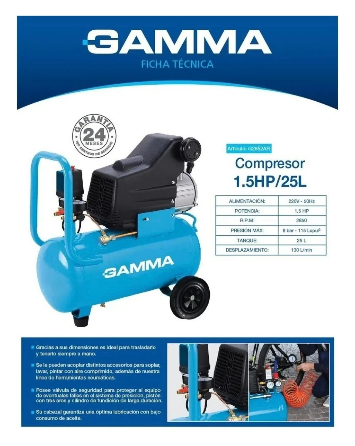 COMPRESOR DE AIRE GAMMA 1,5 HP 25 L 220 V 50 Hz COLOR CELESTE FASE ELÉCTRICA MONOFÁSICA