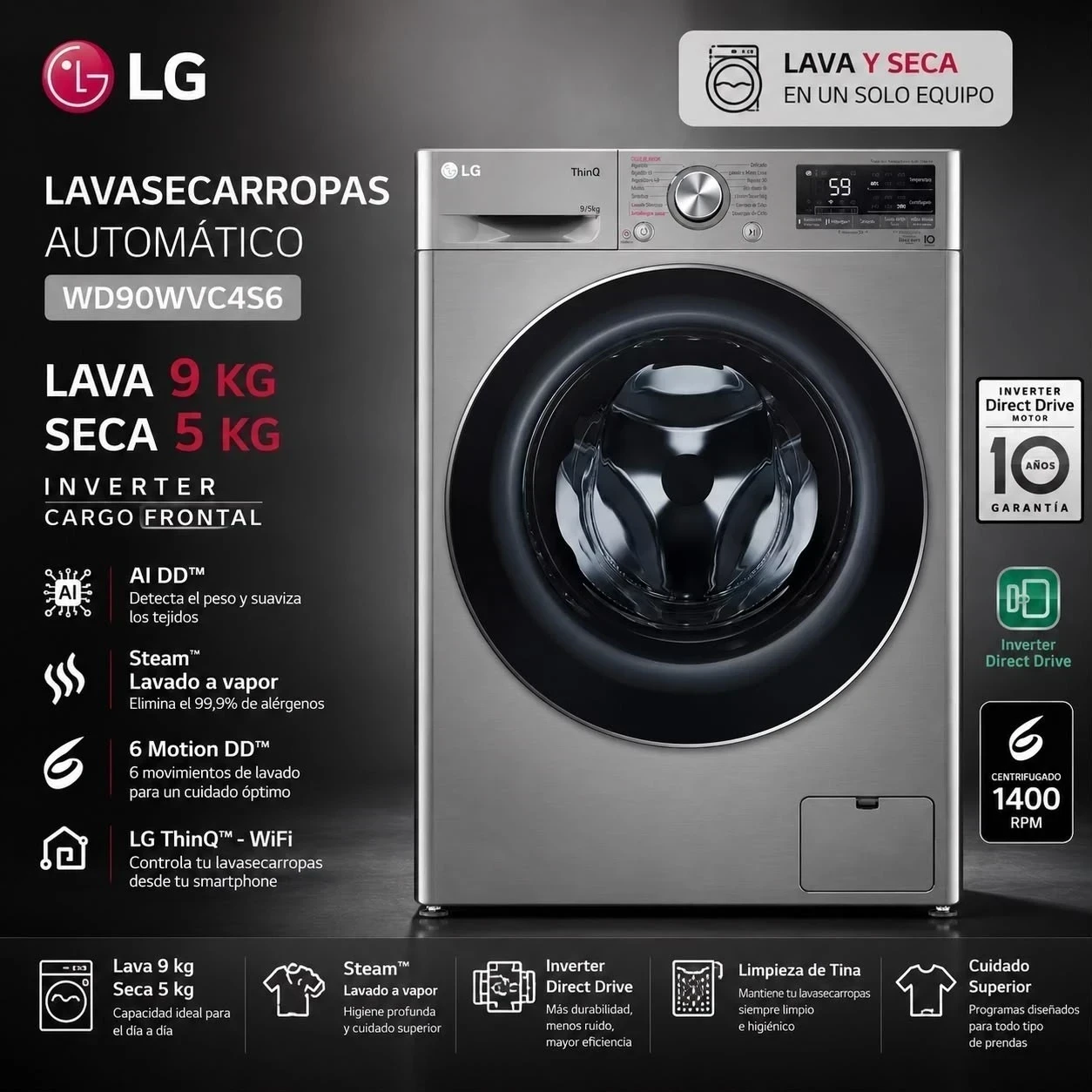 LAVASECARROPAS LG 9kg/5kg 1200rpm INVERTER INOXIDABLE