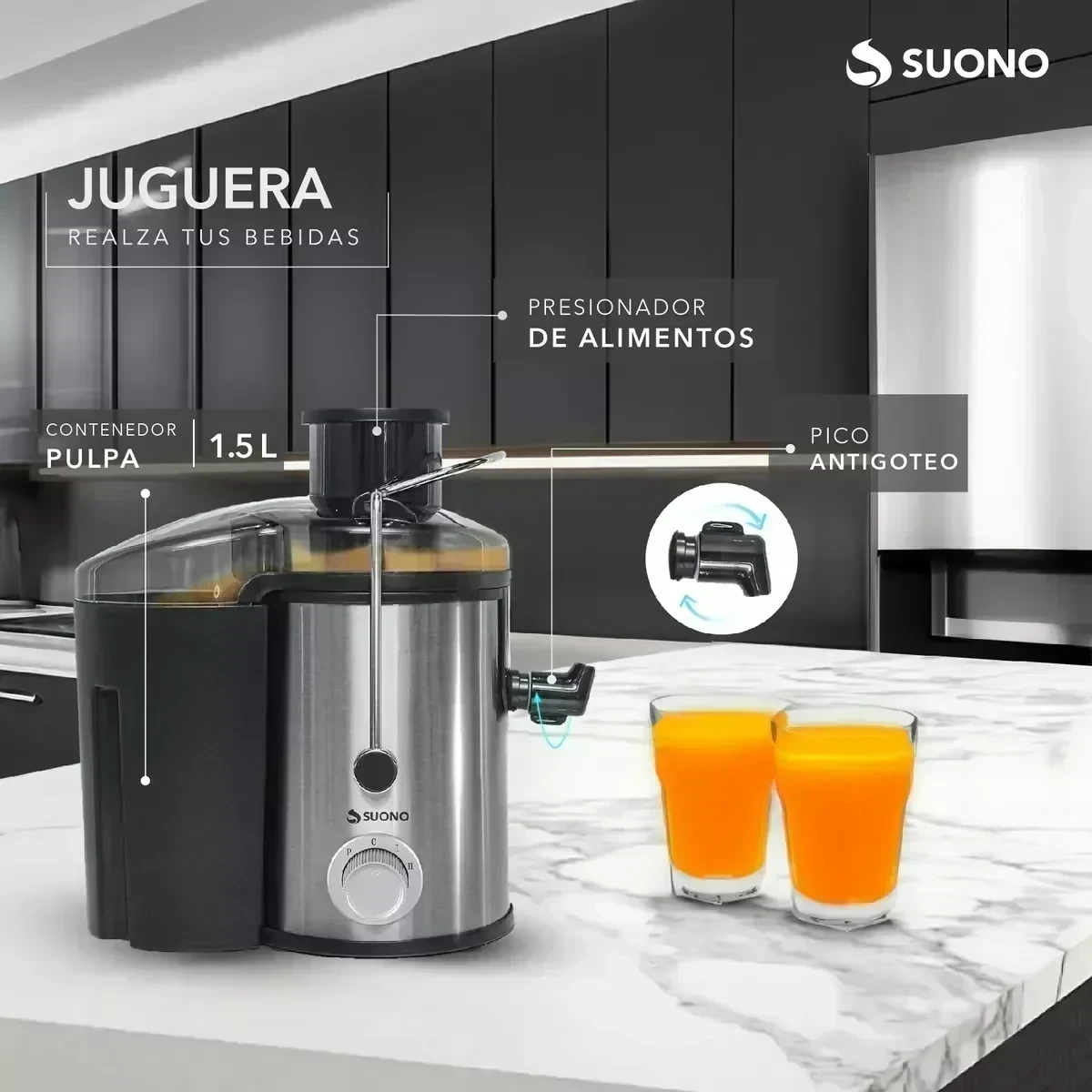 Juguera extractor electrica Suono 500w 750 Ml Color Plateado