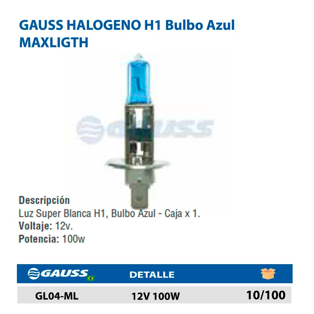 GAUSS HALOGENO H1 Bulbo Azul MAXLIGTH 12V 100W
