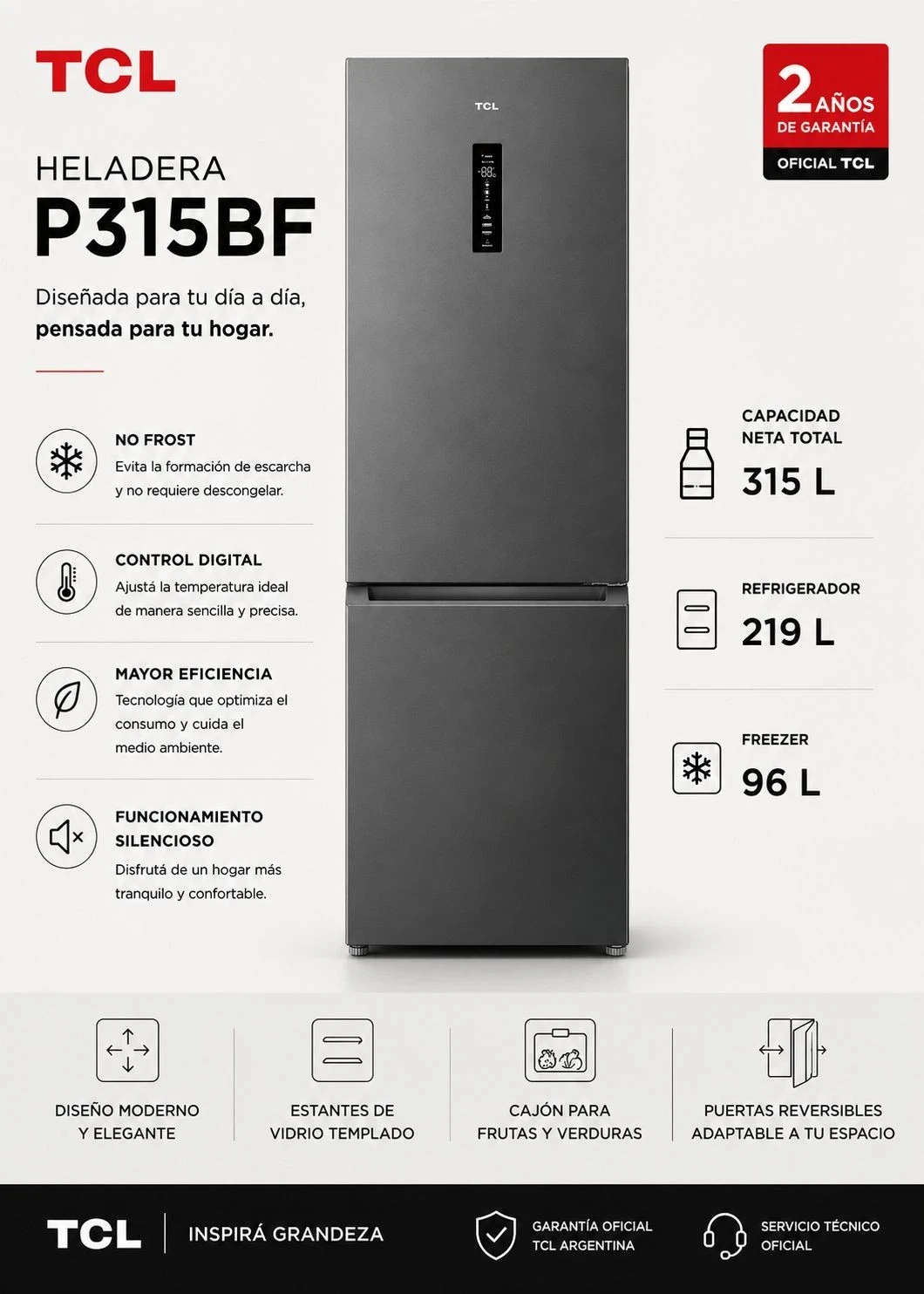 Heladera TCL 293L No Frost Inverter Modelo P315BF