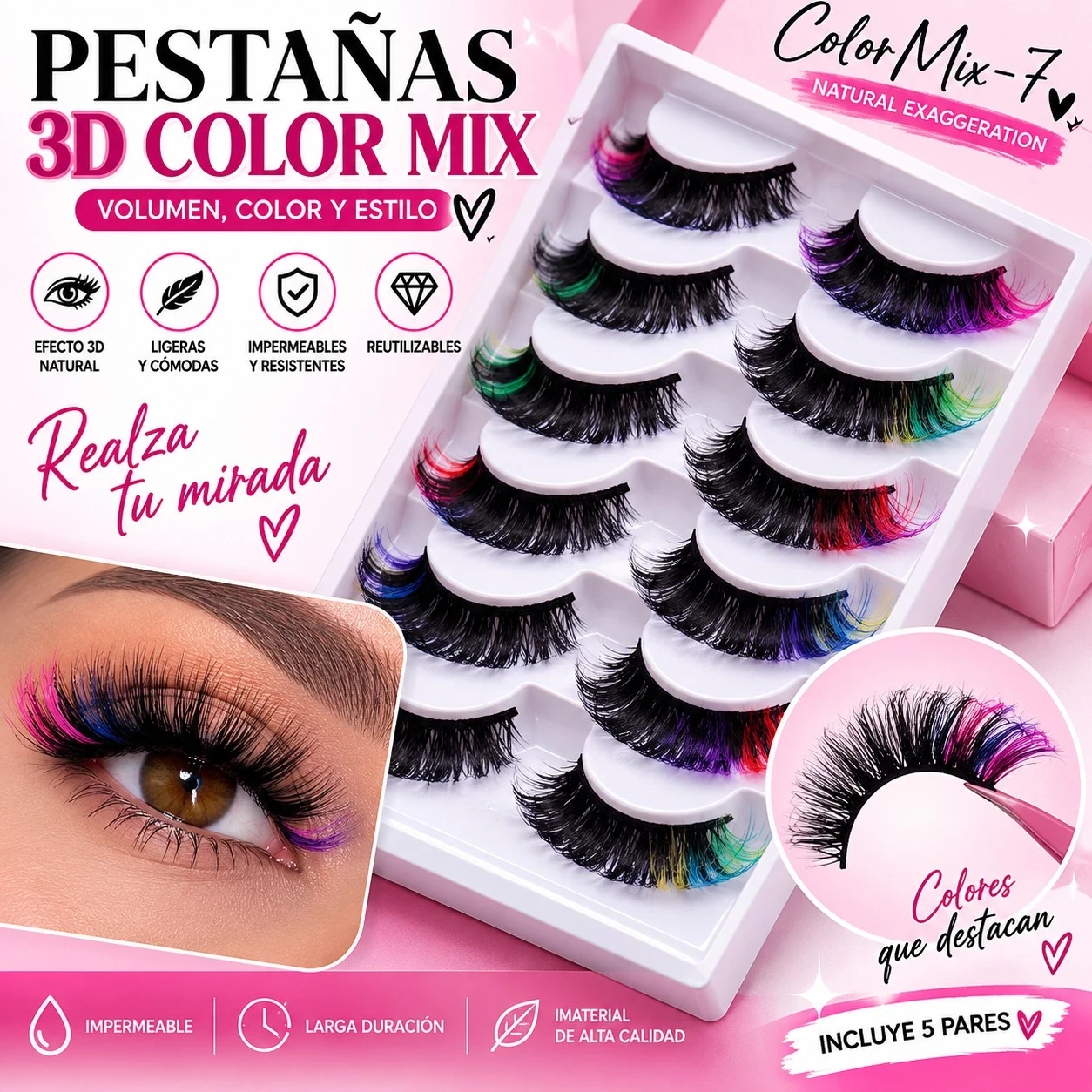 lumera pestaña completa x 7pcs efecto 3d volumen color mix