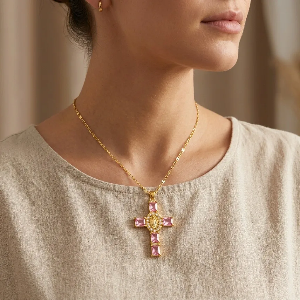 Cadena Y Dije En Acero Con Piedra Circon De Cruz Corazones Virgen De Guadalupe Rosa 2