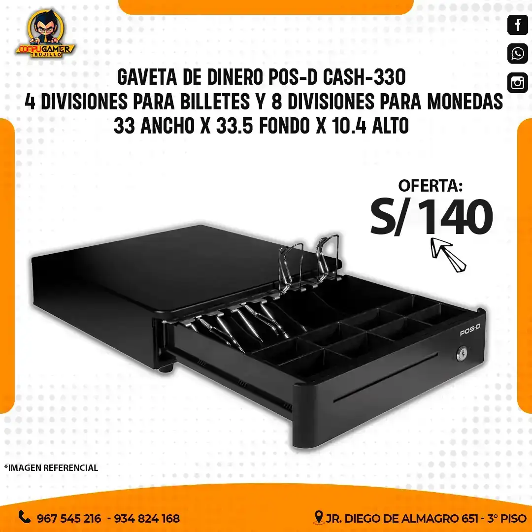 GAVETA DE DINERO CD-330, 4 DIVISIONES PARA BILLETES Y 8 DIVISIONES PARA MONEDAS 