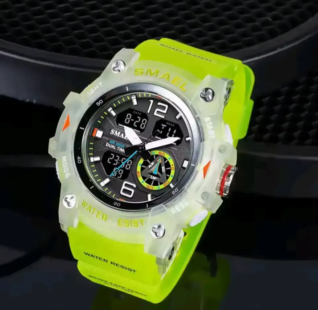 Reloj Smael Original Sumergible Deportivo Doble Hora 8007 Transparente Verde Fluorescente 2
