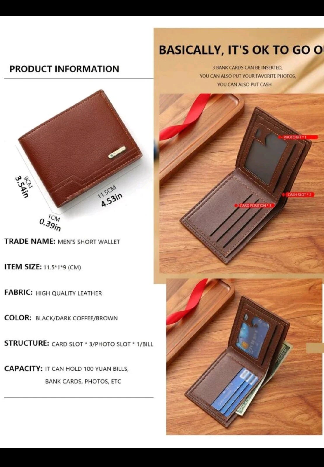 Billetera Clásica para Caballero Jiangbao - Cartera Corta Bifold en Poliuretano Texturizado, Tarjetero y Porta Retrato 2