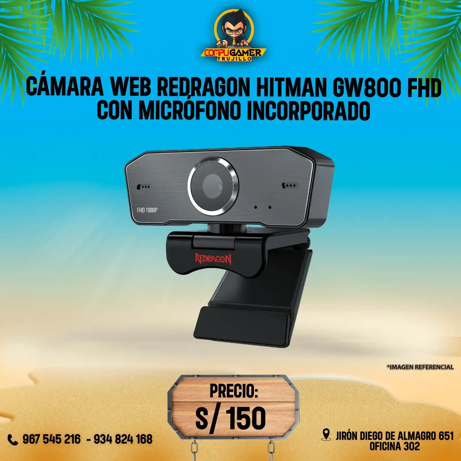 CÁMARA REDRAGON HITMAN GW800 FHD 1080P, CON MICRÓFONO INCORPORADO