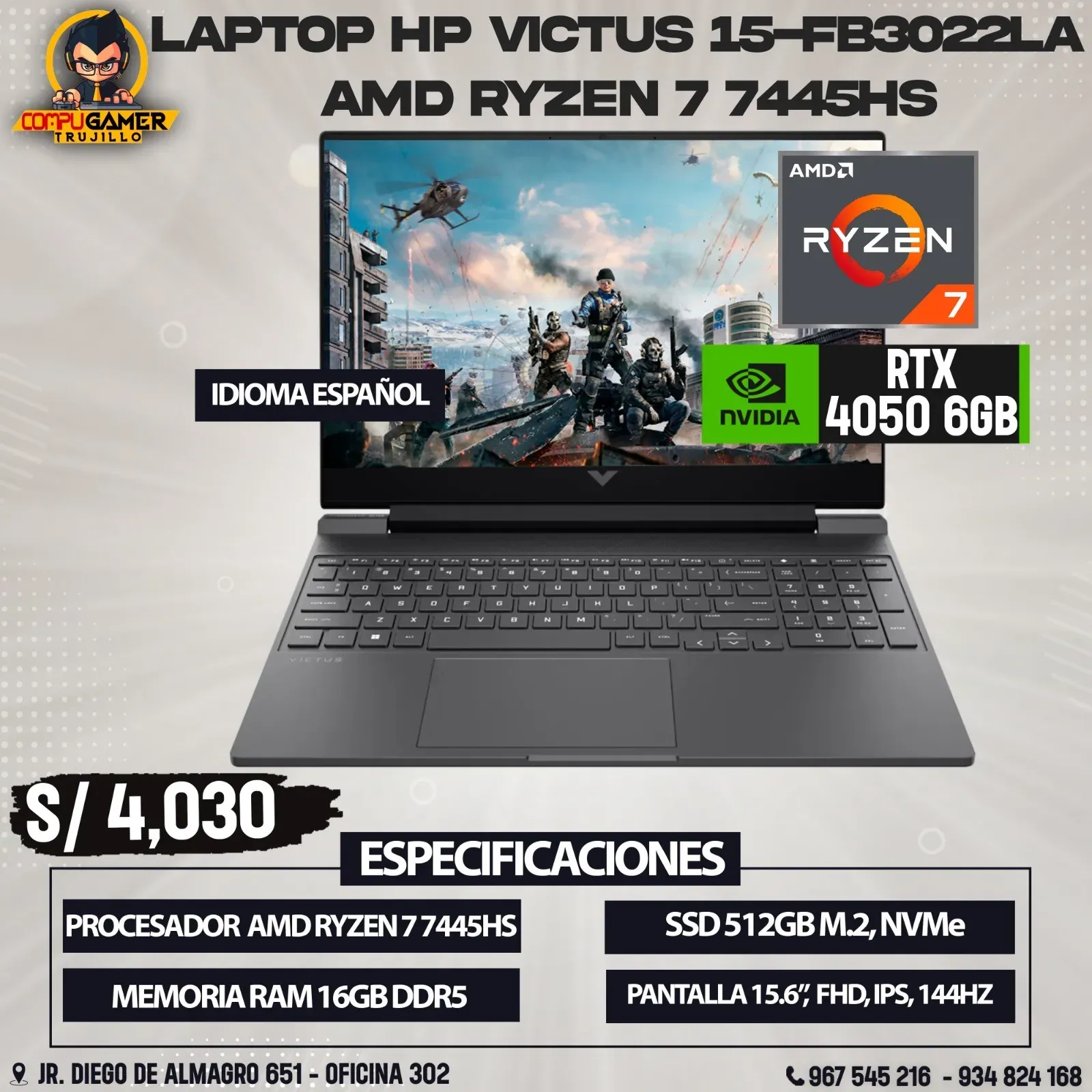 LAPTOP HP VICTUS AMD RYZEN 7 7445HS, RTX 4050 6GB, RAM 16GB, SSD 512GB, PANTALLA 15.6", FHD, IPS 