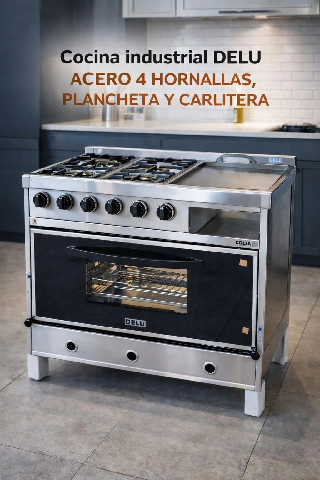 COCINA INDUSTRIAL DELU 4 HORNALLAS, PLANCHETA Y CARLITERA TAPA VIDRIO*.